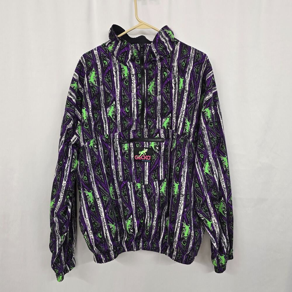 Vtg Gecko Hawaii Windbreaker Jacket XL 90s Neon Geometric Lizard All Over Print